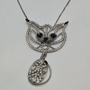 Vintage Massive Prong Set Rhinestone Cat Long Pendant Silver Tone 24" Necklace